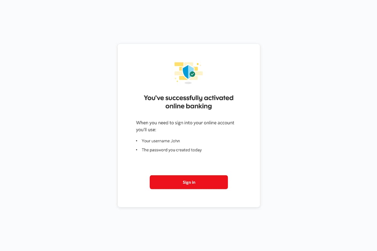 Confirmation that online banking is activated. Sign in button provided in message window. 