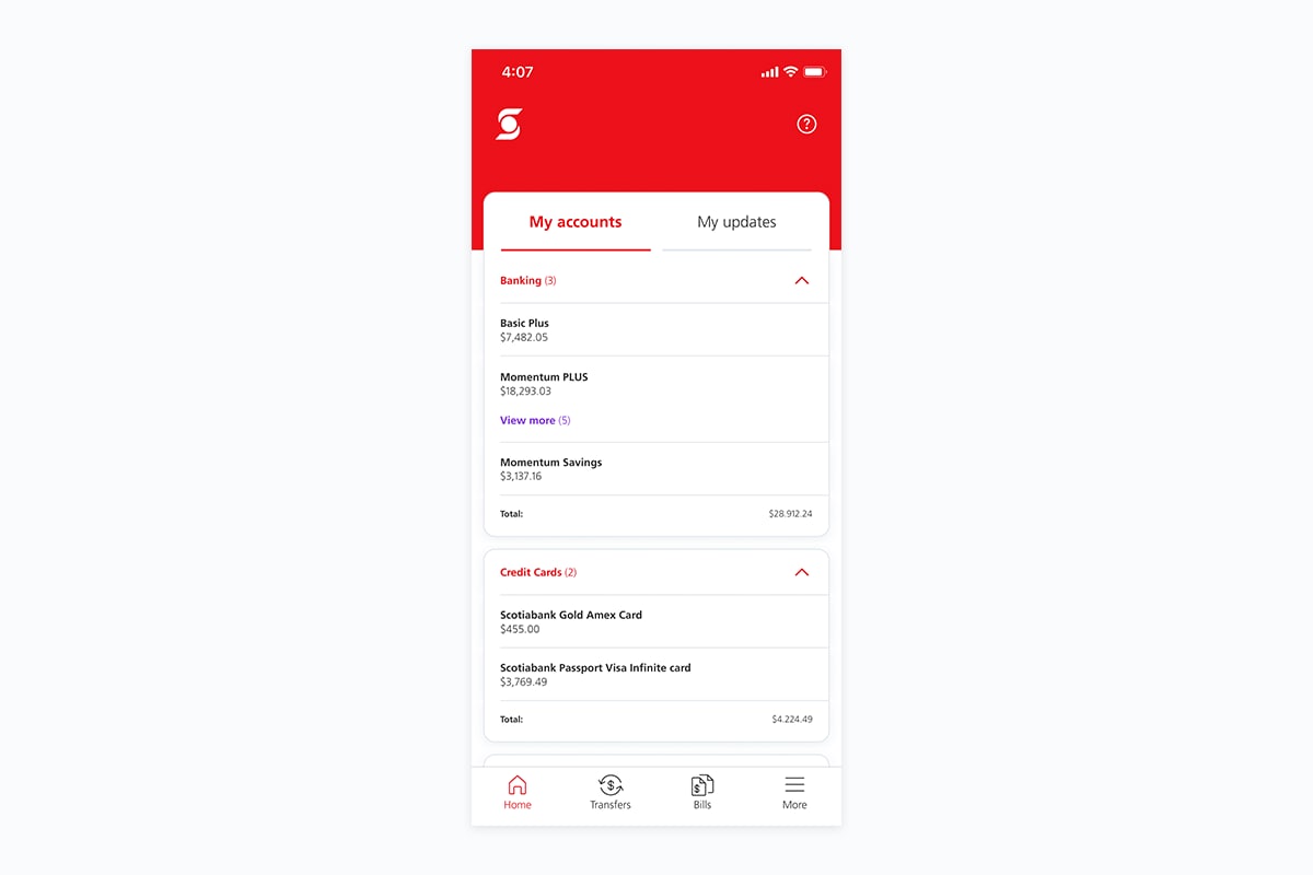 Scotia mobile app - My accounts section listing accounts and account balances 